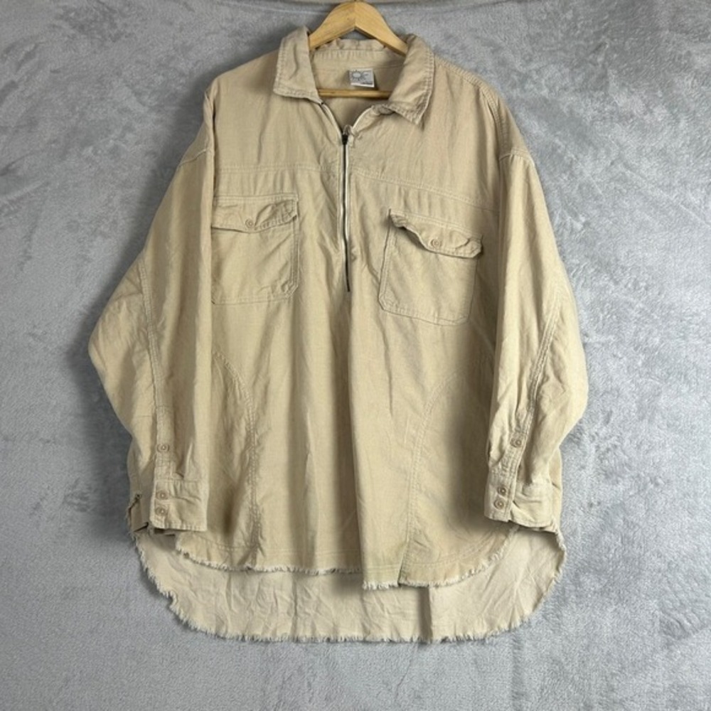 OFFLINE by Aerie Tan Corduroy Quarter Zip Pullover Frayed Hem Oversized Shirt XL